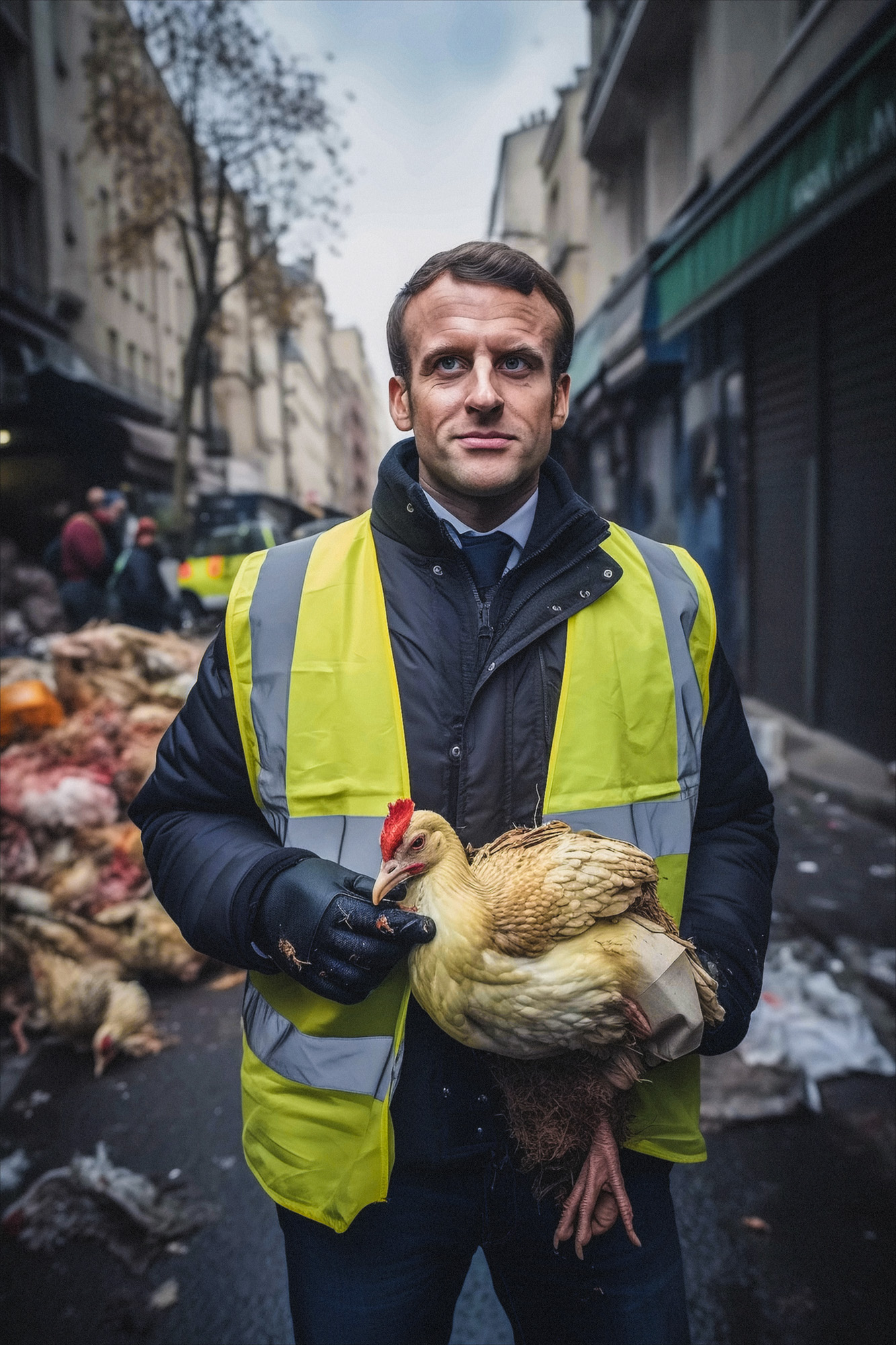 Emmanuel Macron deep fake, wearing Yellow Vest and holding a rooster. March 2023 in Paris