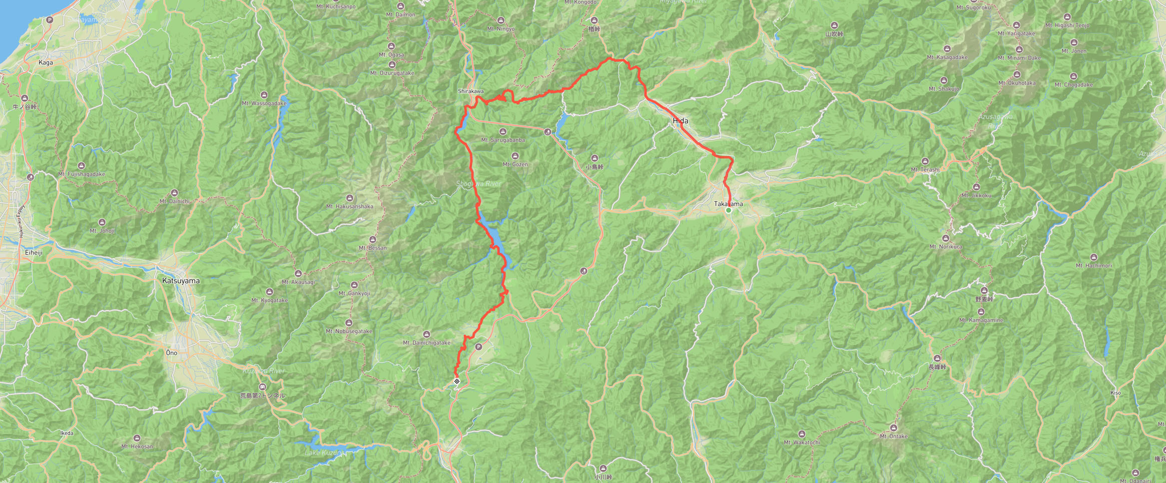 Tokyo to Kyoto cycling trip, day 4. Takayama to Gujo map