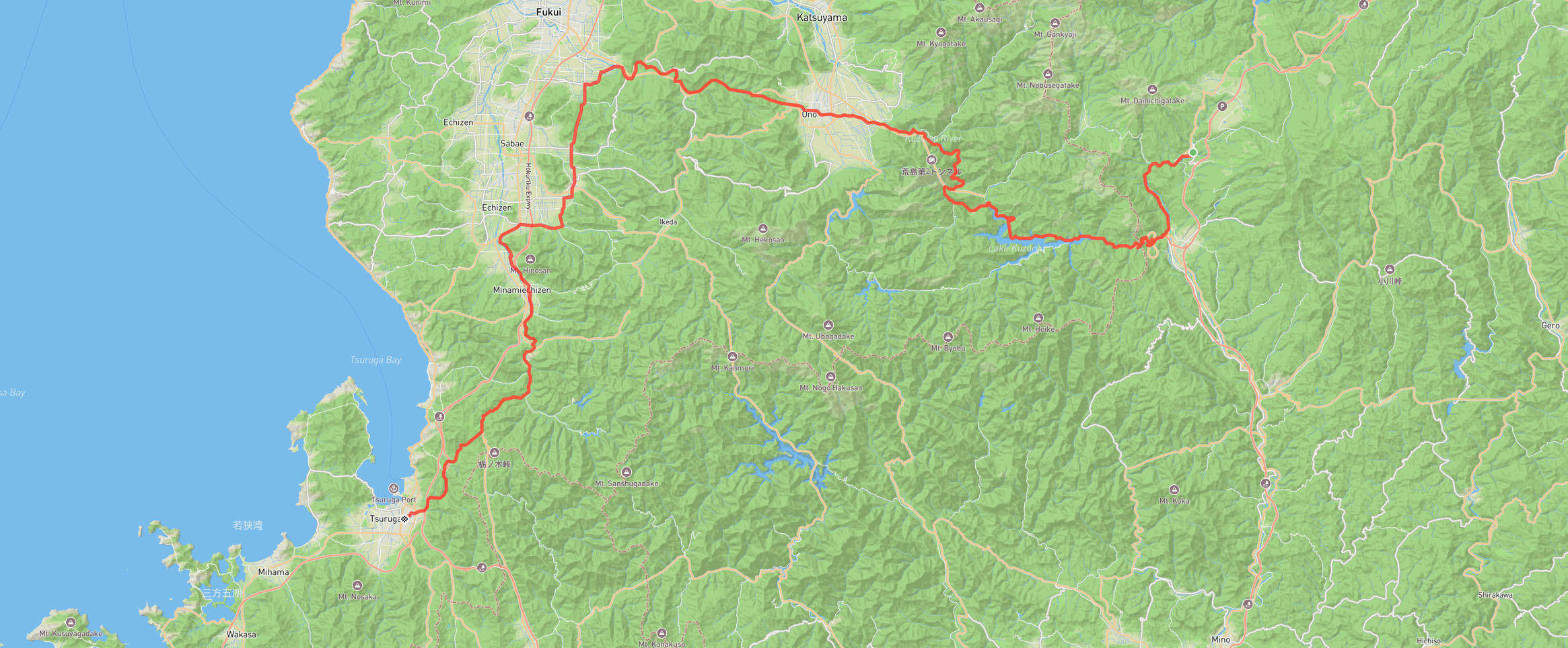 Tokyo to Kyoto cycling trip, day 5. Gujo to Tsuruga map