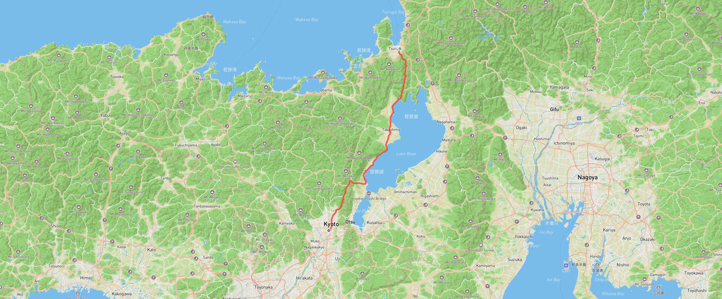 Tokyo to Kyoto cycling trip, day 6. Tsuruga to Kyoto map